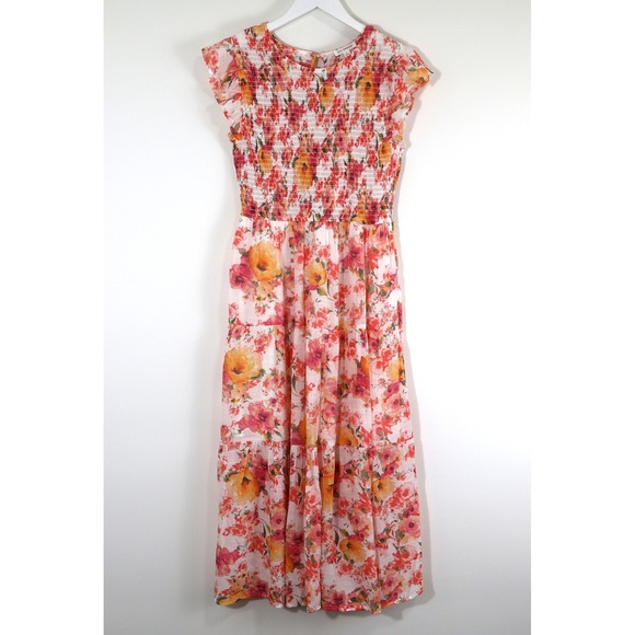 Blu Pepper Dresses & Skirts - Blu Pepper Floral Smocked Maxi Dress Pink Orange Tiered Ruffle Cap Sleeve Large